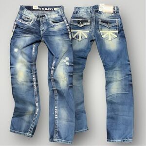 Men's Cipo & Baxx CD149 Blue | White Sandblast Denim Casual Button-Fly Pants